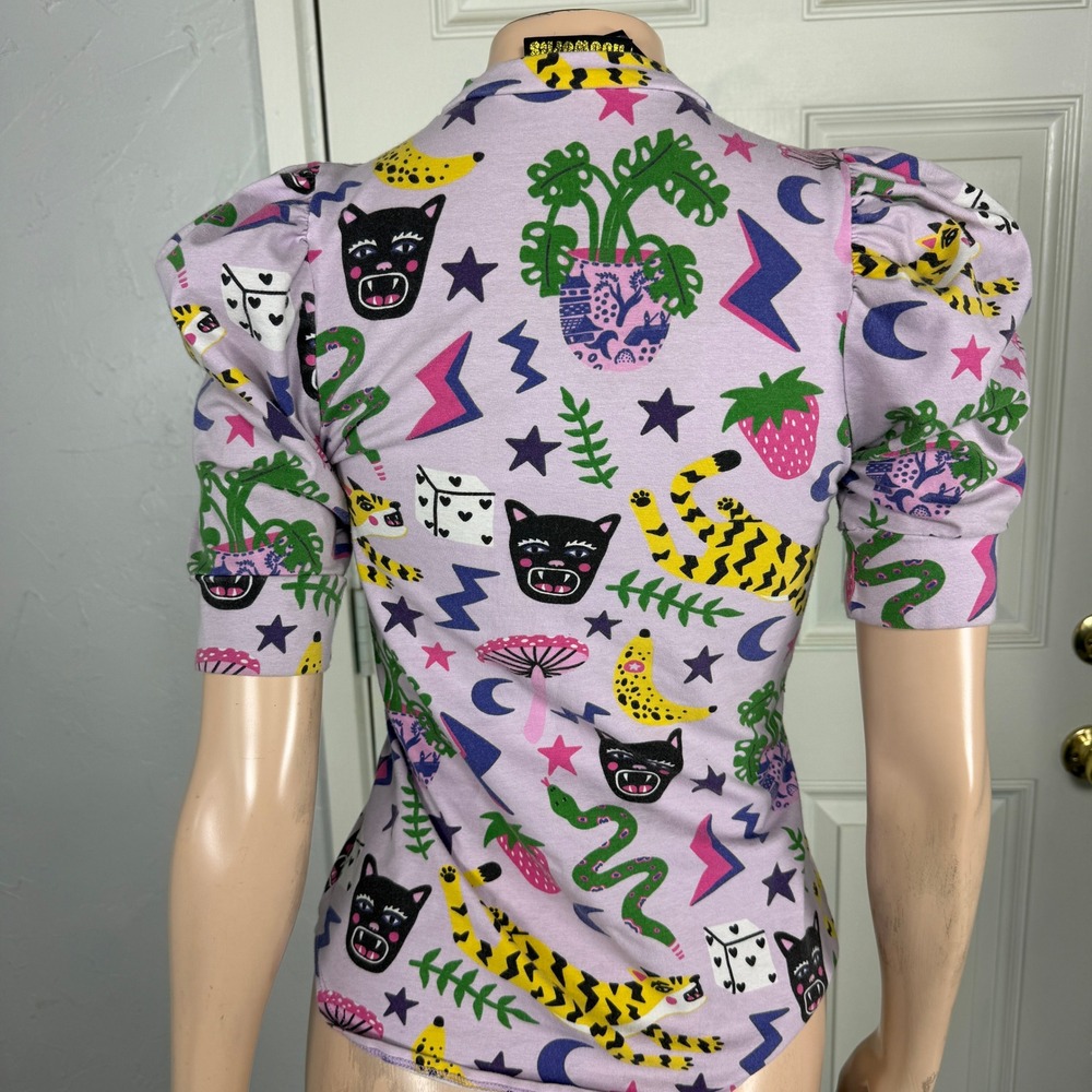 Vintage Nooworks Shirt XS Tee Floral Hastings Print Cotton Mushroom Puff top E3 - Picture 4 of 6